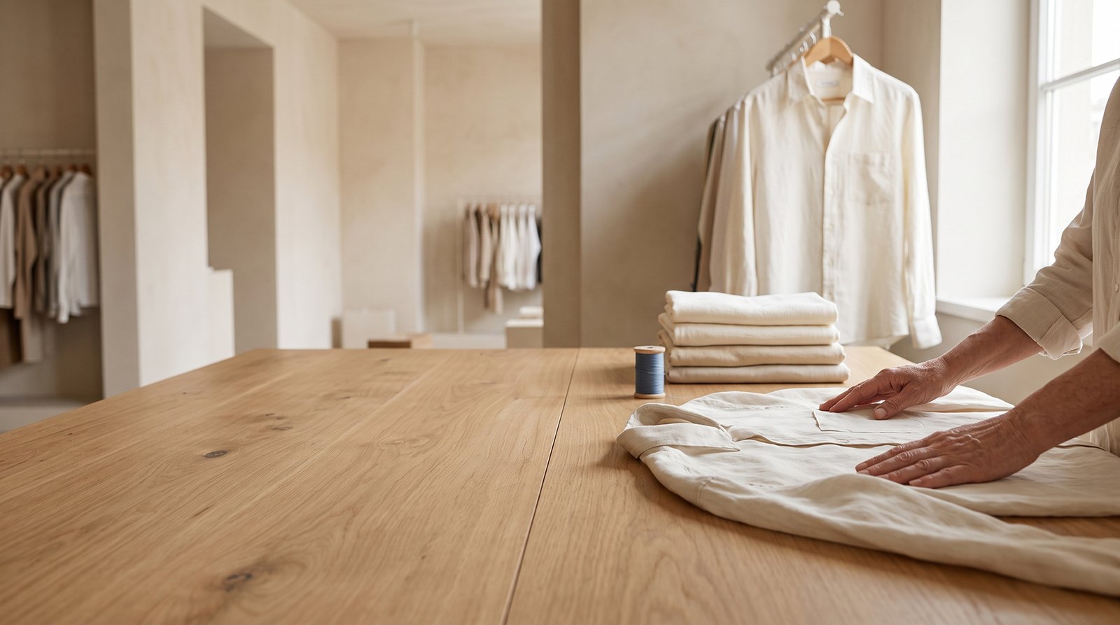 Neatly folded laundry in a bright, clean space